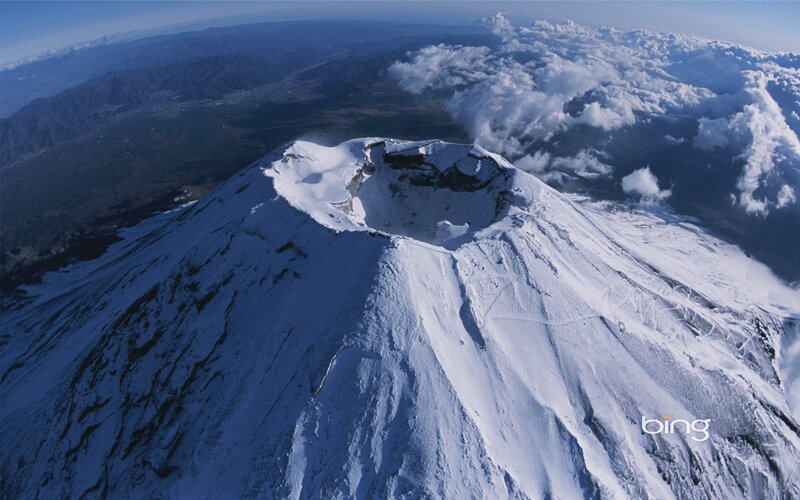 Aerial view of a snow-covered volcano