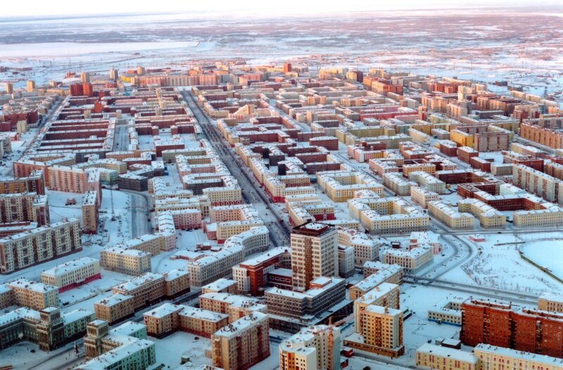Aerial view of a snowy city