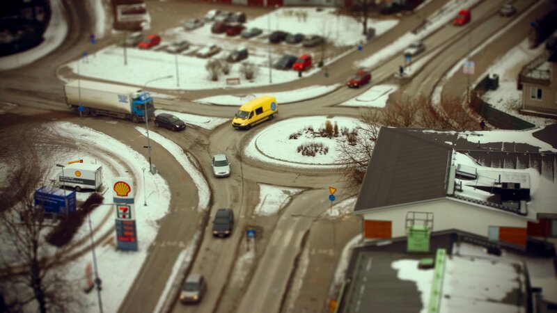 Aerial view of a snowy roundabout