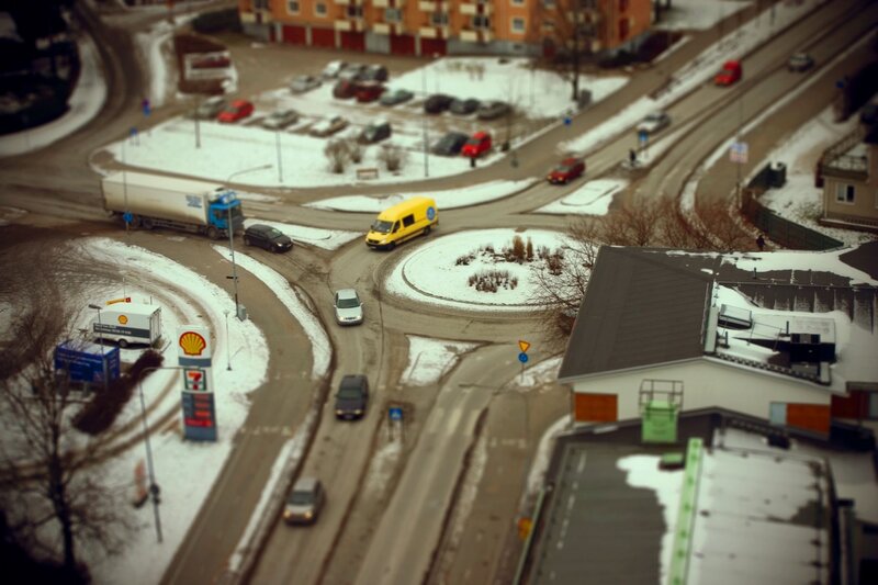 Aerial view of a snowy roundabout