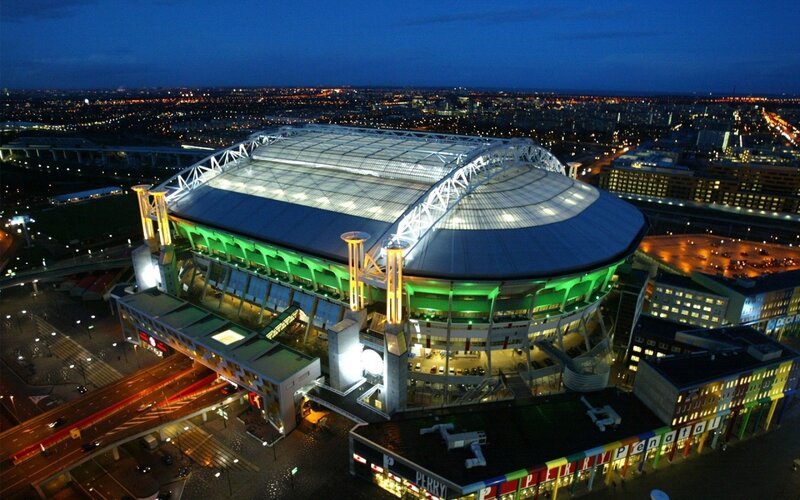 aerial view of a stadium at night