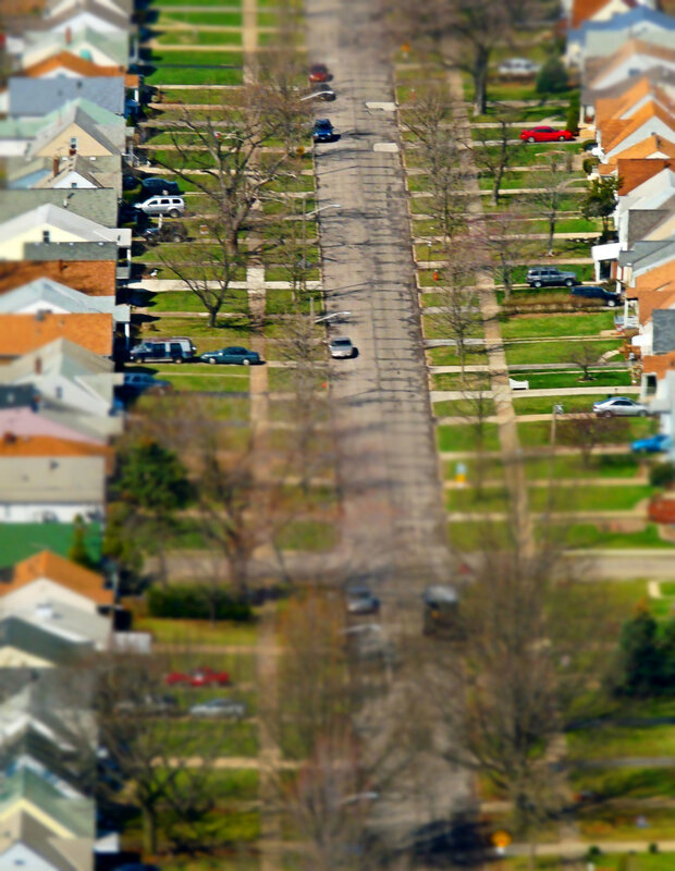Aerial view of a suburban street