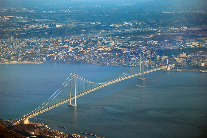 Aerial view of a suspension bridge
