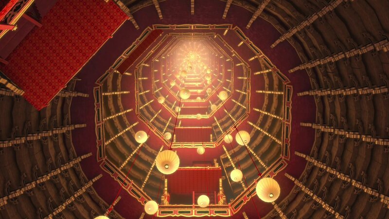 aerial view of a temple hall