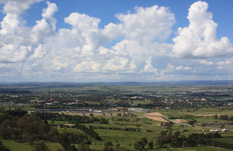 Aerial view of a town and race track