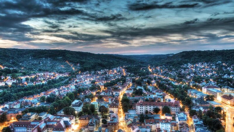 aerial view of a town at dusk