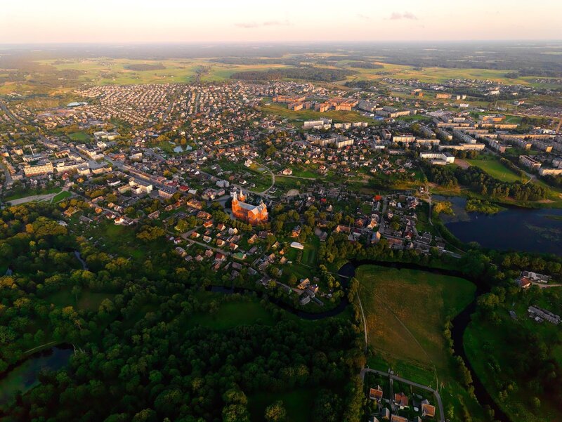 Aerial view of a town at sunset