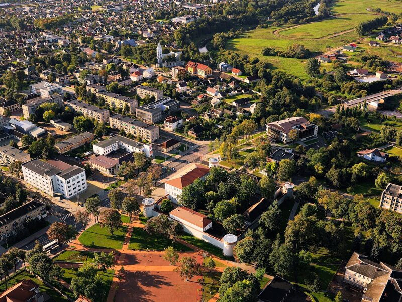 Aerial view of a town with castle
