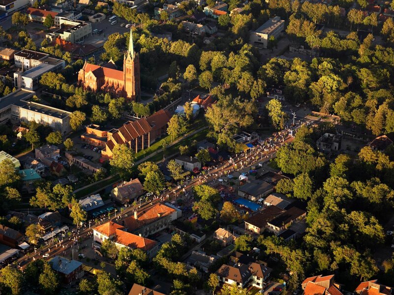 Aerial view of a town with church