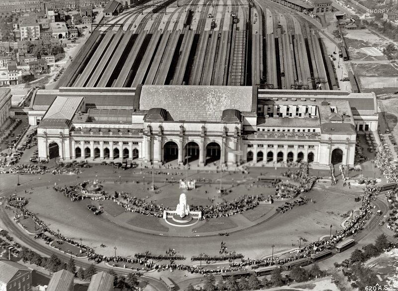Aerial view of a train station