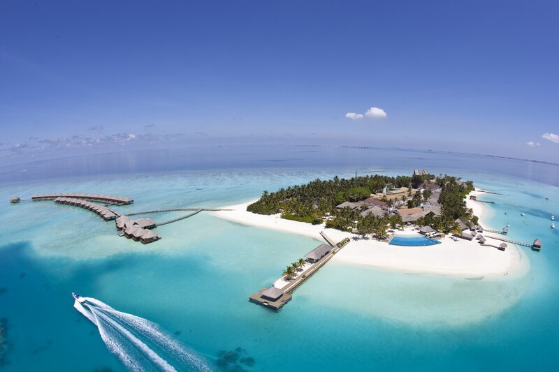 Aerial view of a tropical island resort