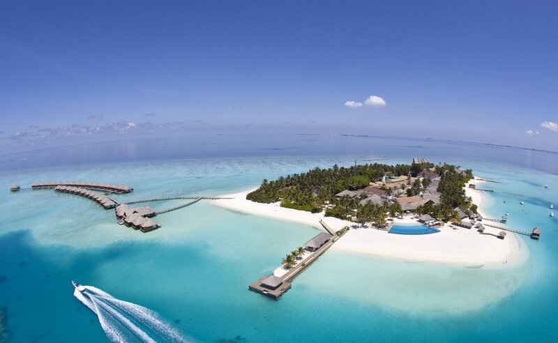 Aerial view of a tropical island resort