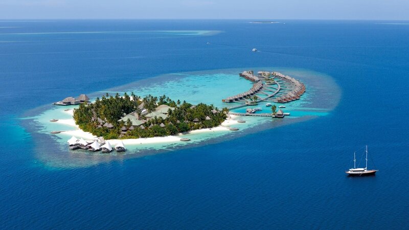 Aerial view of a tropical island resort