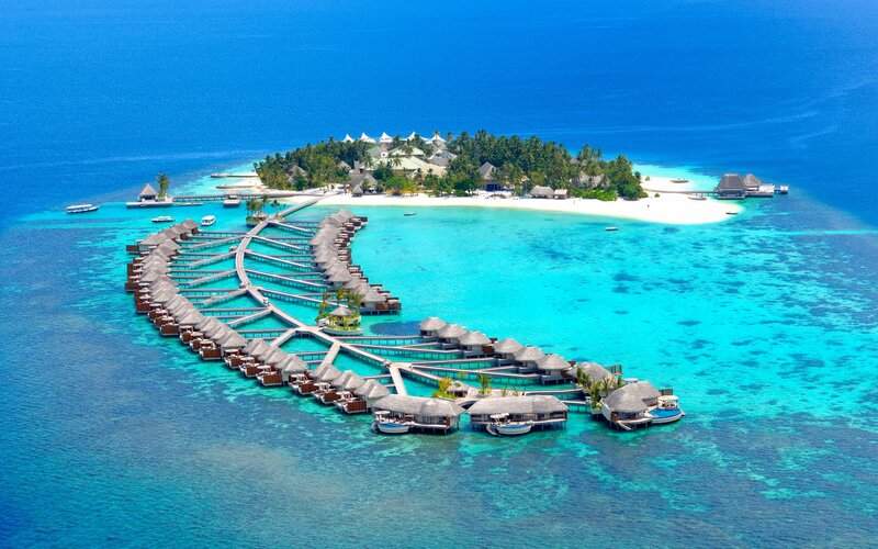 Aerial view of a tropical island resort