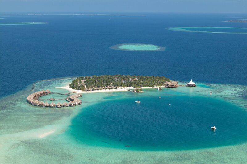 Aerial view of a tropical island resort