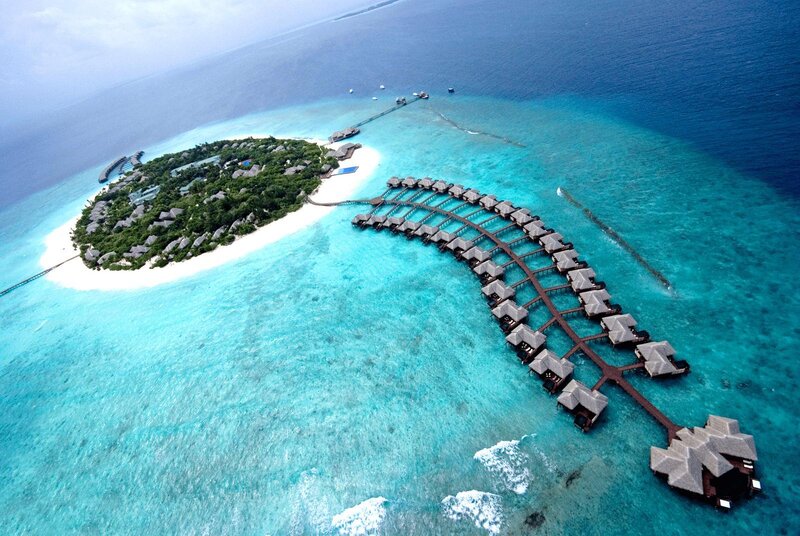 Aerial view of a tropical island resort