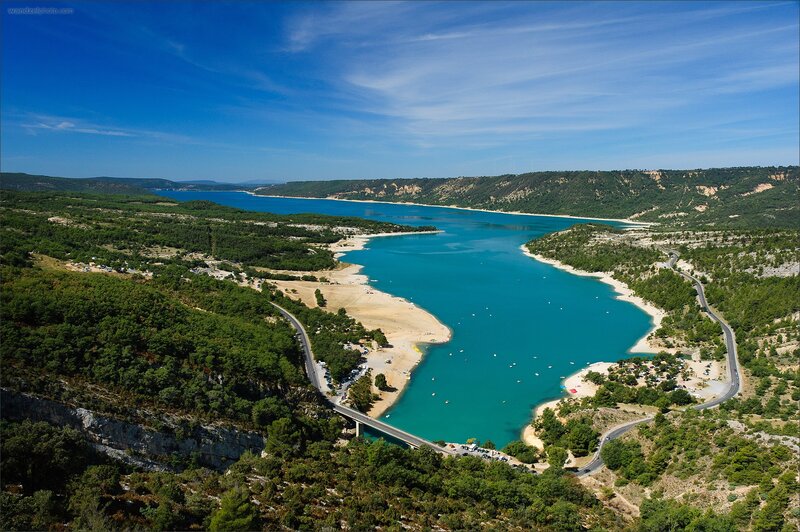 Aerial view of a turquoise lake
