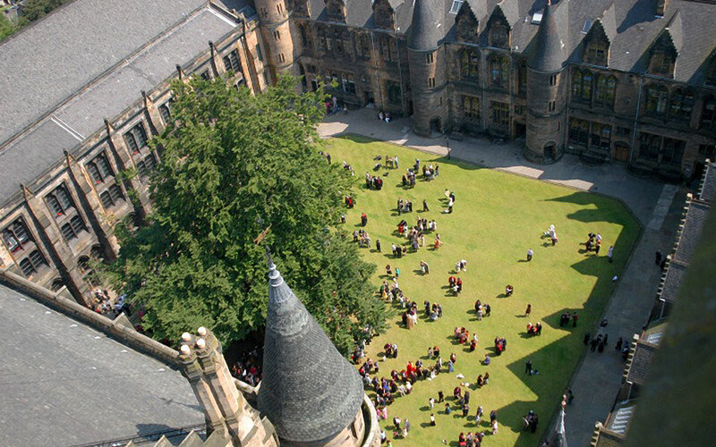 Aerial view of a university courtyard