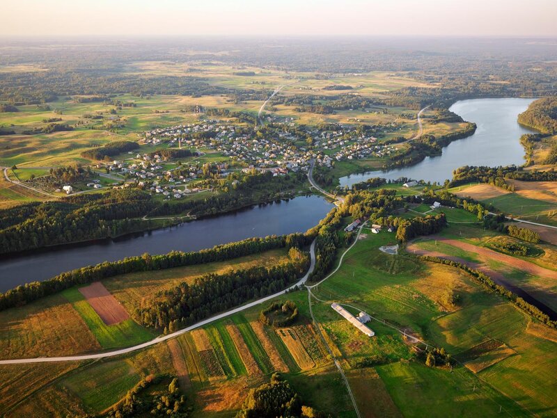 Aerial view of a village by the river