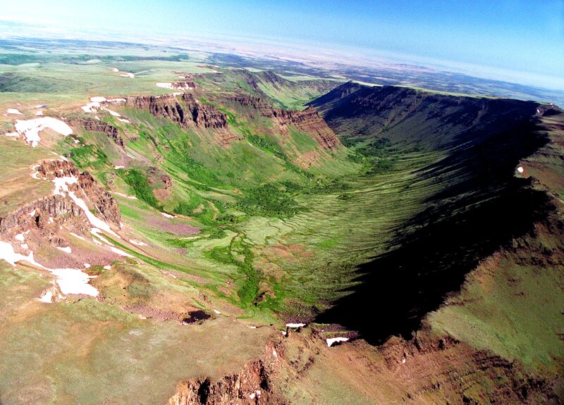 Aerial view of a volcanic crater