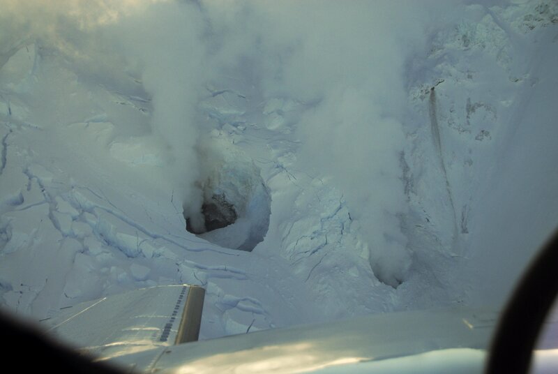 Aerial view of a volcanic crater