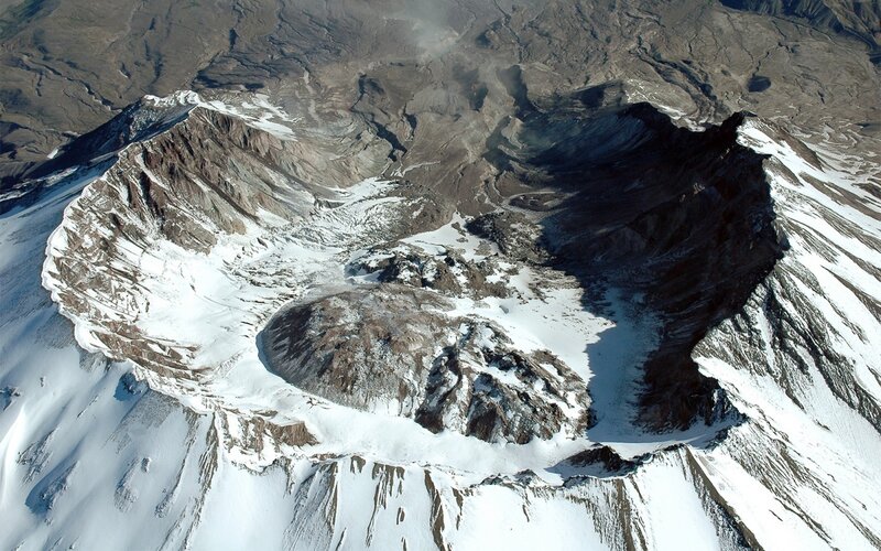 Aerial view of a volcanic crater