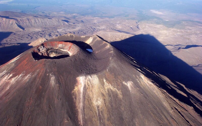 Aerial view of a volcanic crater