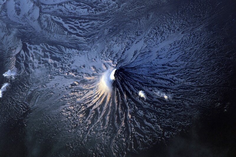 Aerial view of a volcanic eruption