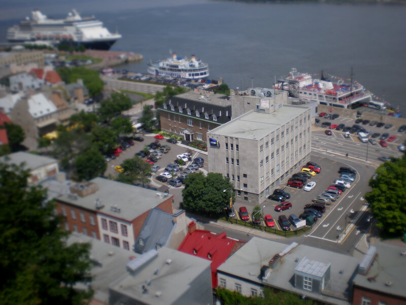 Aerial view of a waterfront city