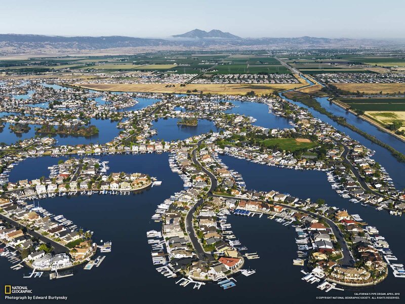 Aerial view of a waterfront community