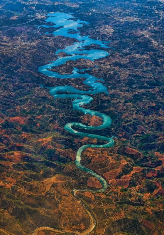 Aerial view of a winding river
