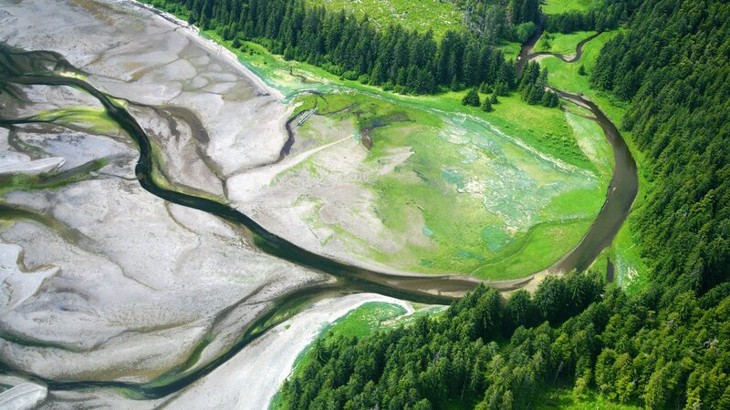 Aerial view of a winding river