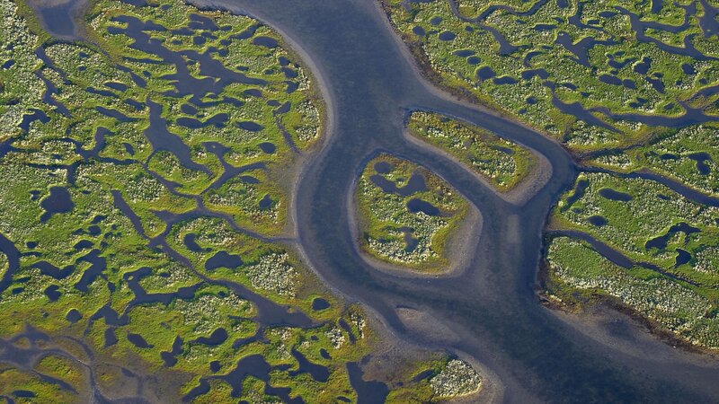 Aerial view of a winding river