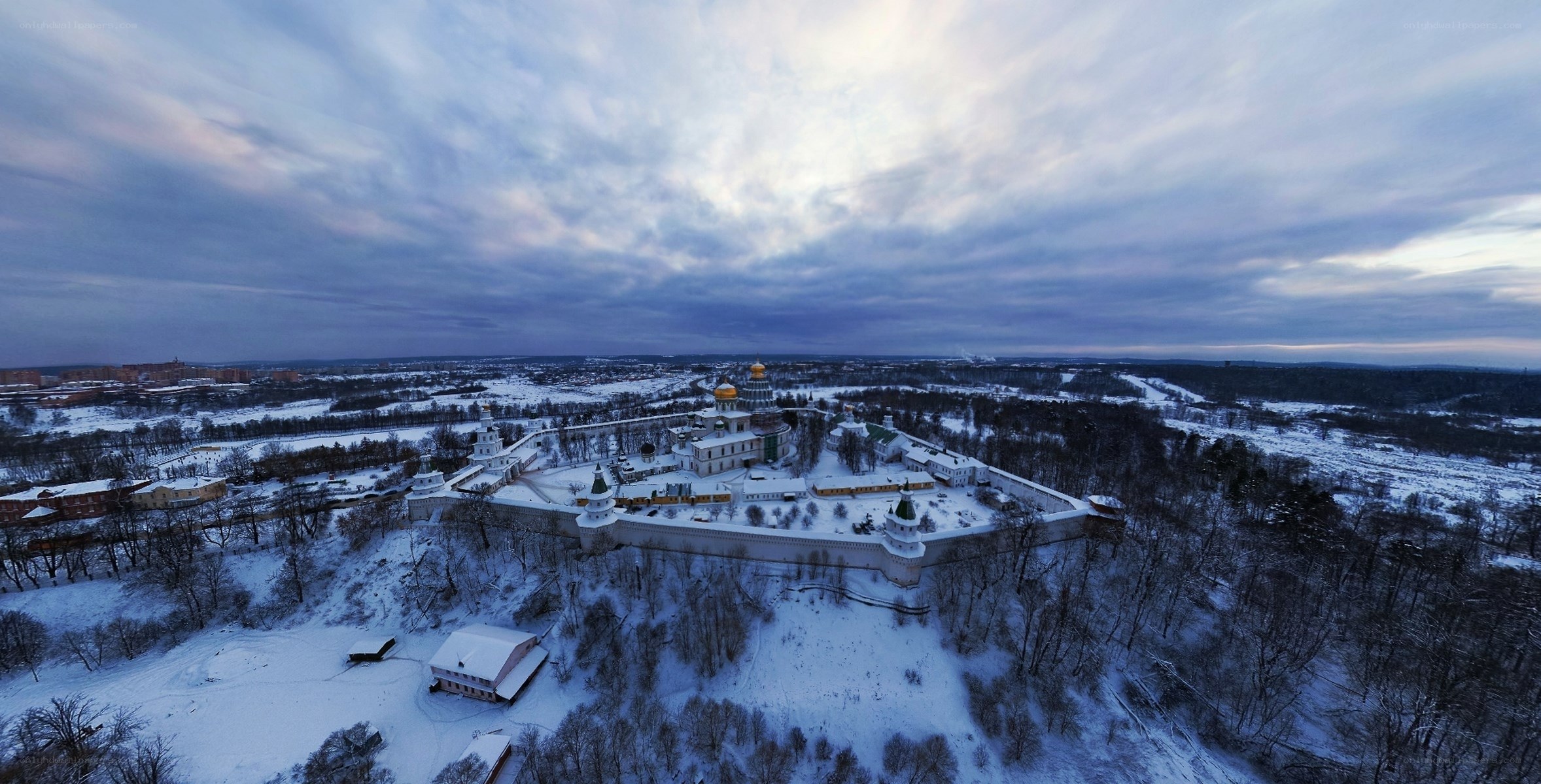 Aerial view of a winter monastery