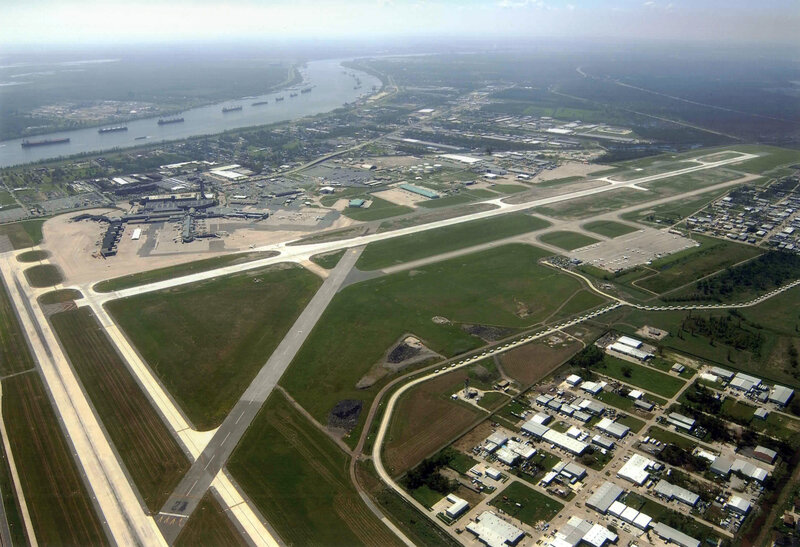Aerial view of an airport and river