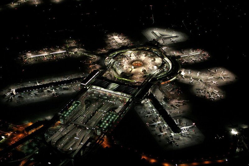 Aerial view of an airport at night
