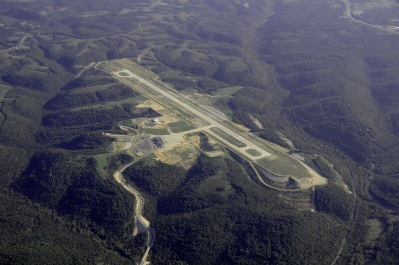 Aerial view of an airport in a valley
