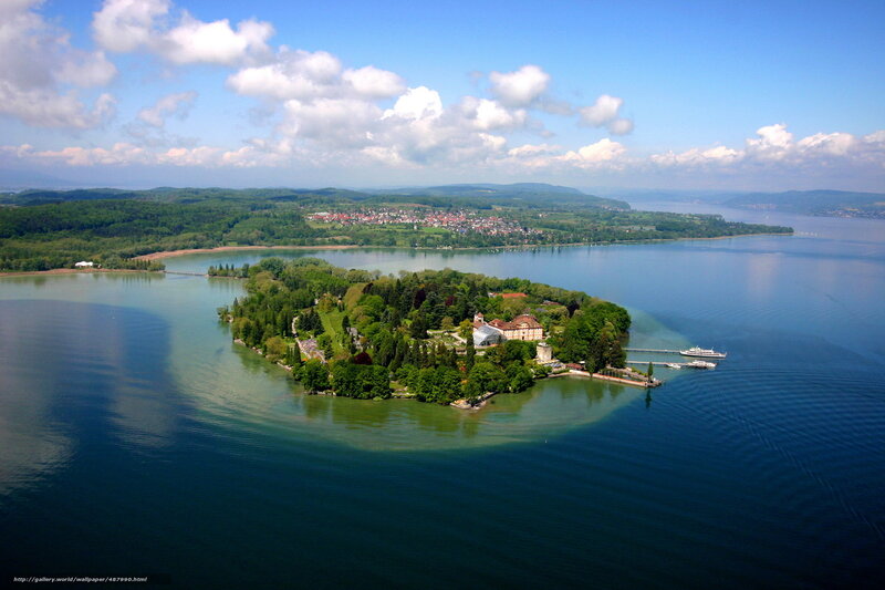Aerial view of an island in a lake