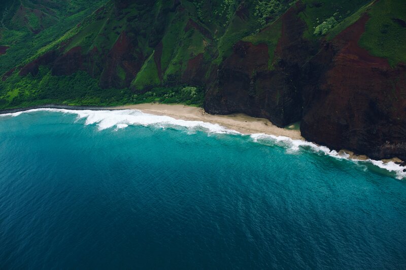 Aerial View of Beach — Blue, Serene, Afternoon, Photograph, Ocean, Cliffs