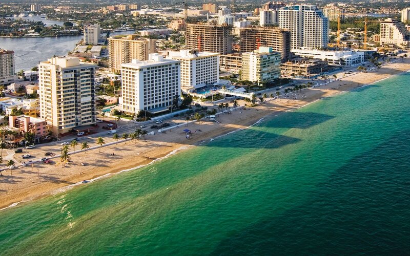 Aerial view of beachfront city