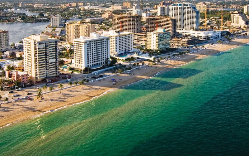 Aerial view of beachfront city