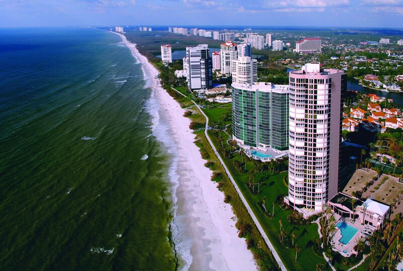 Aerial view of beachfront city
