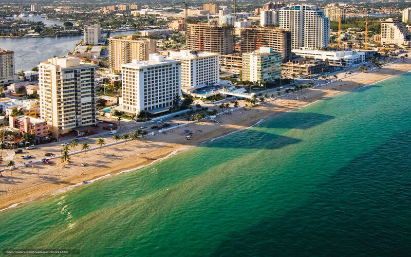 Aerial view of beachfront city