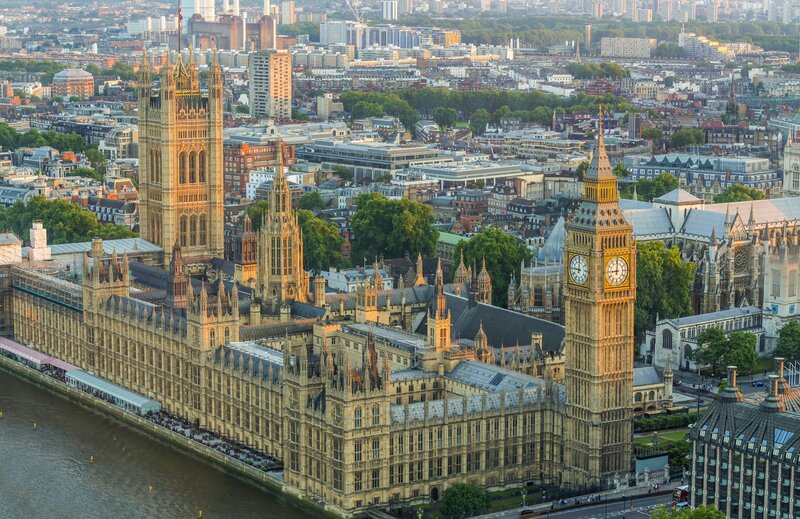 Aerial view of Big Ben and Parliament