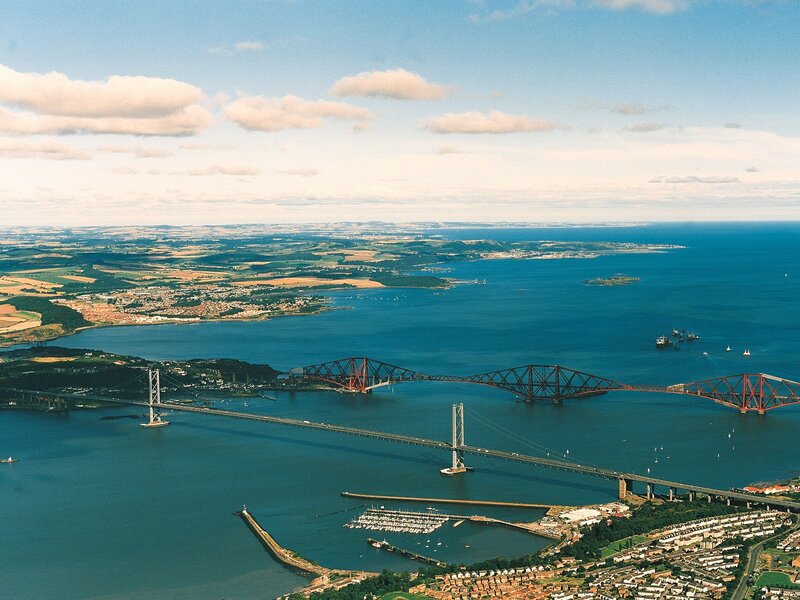Aerial view of bridges over Firth of Forth