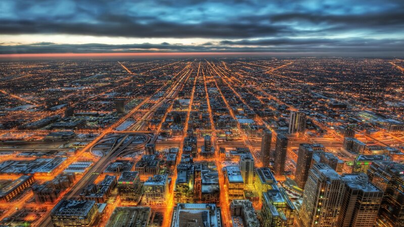 aerial view of chicago at dusk