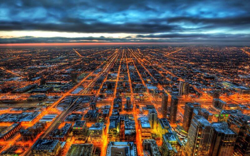 Aerial view of Chicago at dusk
