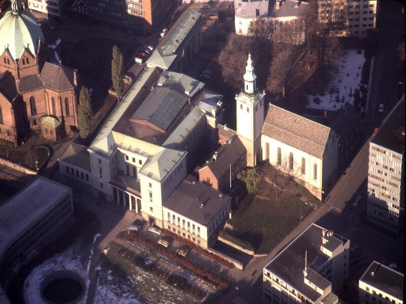 Aerial view of church complex