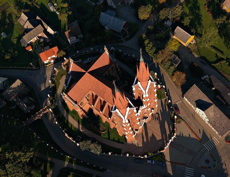 Aerial View of Church — Red, Serene, Morning