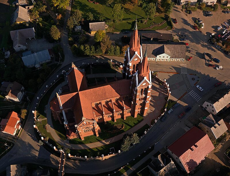 Aerial View of Church — Red, Serene
